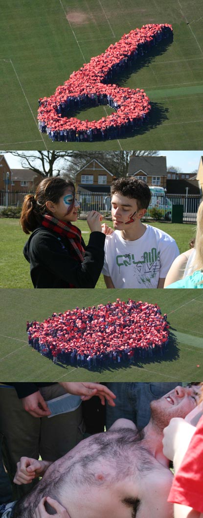 Images of logo, red nose and students